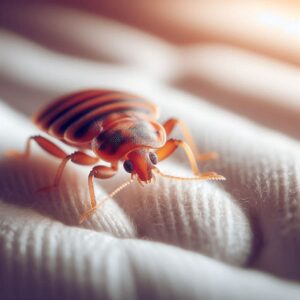 Bed bug  close up on a mattress fabric 