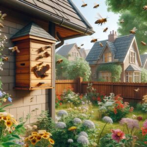 Beehive pest control service - Located on the side of a structure with garden