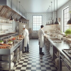 Two men prepping  in a restaurant kitchen 