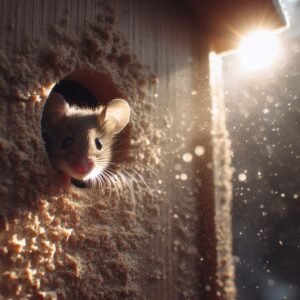 Rodent entry point in a building with a mouse popping out