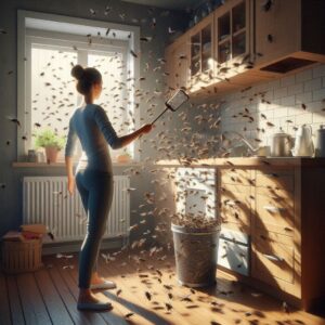 Fly infestation in a kitchen from trash and woman trying to swat away - Fly Pest control Service